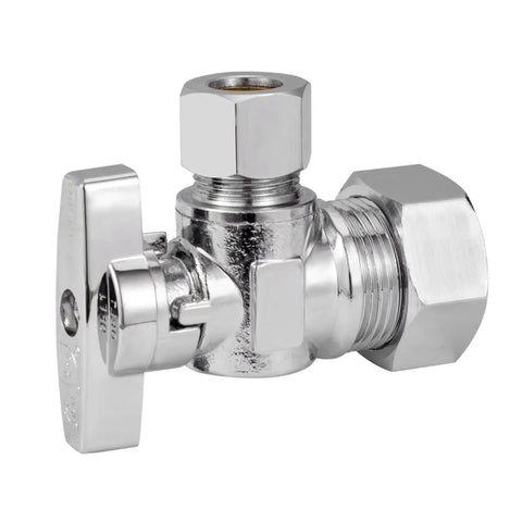 Heavy Duty Angle Stop Valve 1/2 Inch Nominal 5/8 Inch OD Compression X 3/8 Inch OD Compression, 1/4-Turn Shutoff, Lead-Free Chrome-Plated Brass