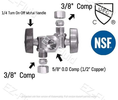 No-Fuss Brass Three-Way Angle Stop Valve With Dual Outlets, Two Handles, Quarter Turn, Five-Eighths Inch Compression Inlet