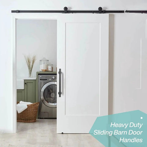 16 Inch Black Metal Door Pull Handles Set of 2 installed on white sliding barn door ideal for sheds garages gates fences and furniture