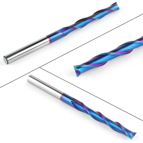 Extra Long 4 Inch Upcut Spiral Router Bit With One Quarter Inch Shank And One Quarter Inch Cutting Diameter Solid Carbide Blue Nano Naco Coating