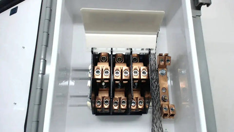 Interior of Industrial Control Panel Enclosure 8667, showing wiring and terminal connections inside heavy duty steel cabinet.