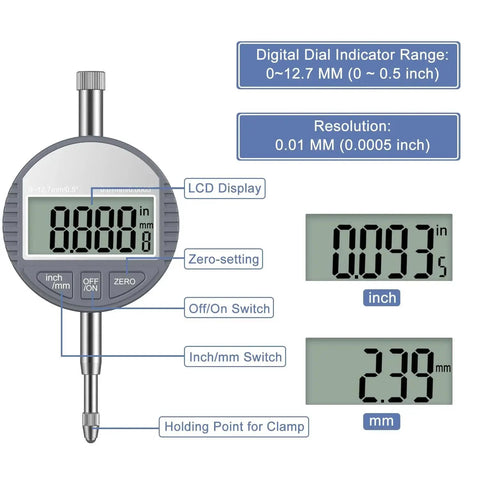 Digital Bore Gauge Set With LCD Dial Indicator For Engines, 6 Inch Depth, Measuring Range 0.7 to 6 Inches, 0.0005 Inch Precision, 23 Anvils displayed with features labeled.