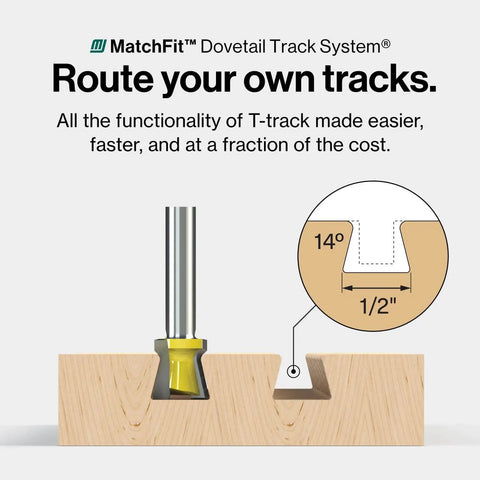 Diagram of Matchfit U-Pad Low Profile Clamp System for Dovetail Track Workholding on CNC Routers and Router Tables, 14-degree cut.