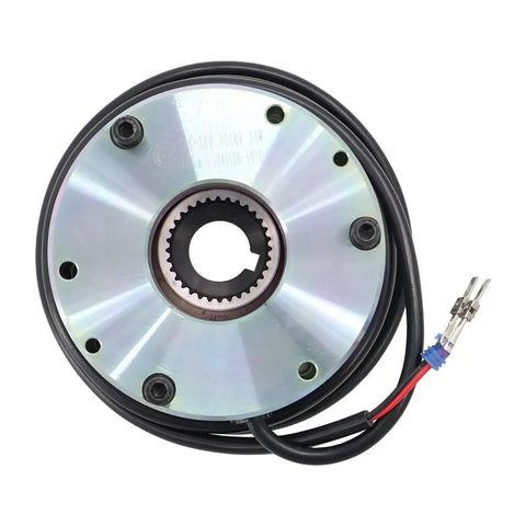 Forklift electromagnetic brake, round metal plate with splined center bore and wiring harness (front view).