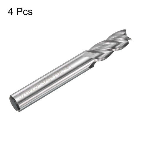 Four Piece HSS AL End Mills Set Pro Grade With Three Eighths Inch Cutting Diameter And Three Eighths Inch Shank Four Flutes Upcut Spiral