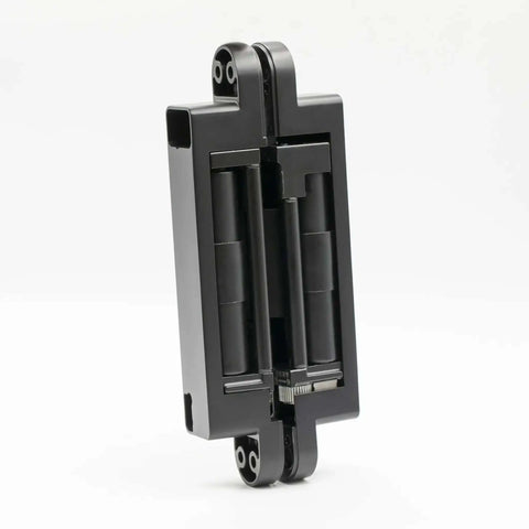 Heavy-Duty Self Soft-Closing Hidden Door Hinge for Commercial and Residential Doors, matte black, concealed metal hardware.
