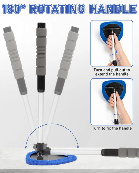 Expandable Car Window Cleaning Kit With Telescopic Handle showing 180° rotating handle with adjustable sections and microfiber pad.