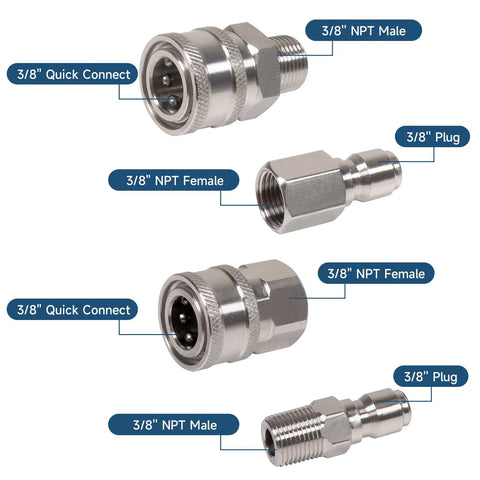 Set of five stainless steel 3/8 inch pressure washer quick-connect fittings with NPT male/female adapters and plugs.