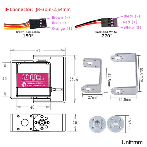Front view of Wishiot RDS3218 20KG servo motor with 180° range and silver U-mount brackets
