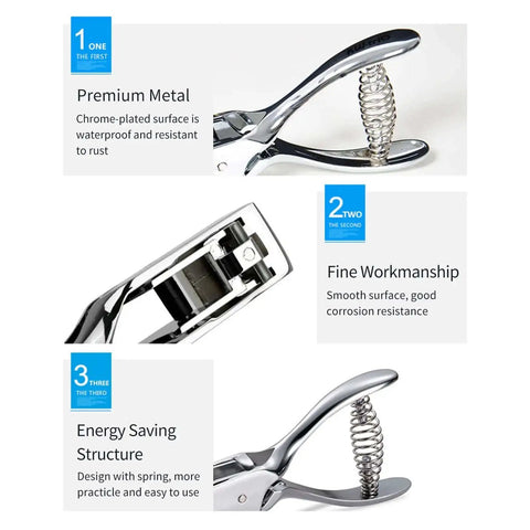 Go-To All Metal Single Hole Puncher with Lever showing chrome-plated surface and energy-saving spring design, punches up to eight A4 sheets.