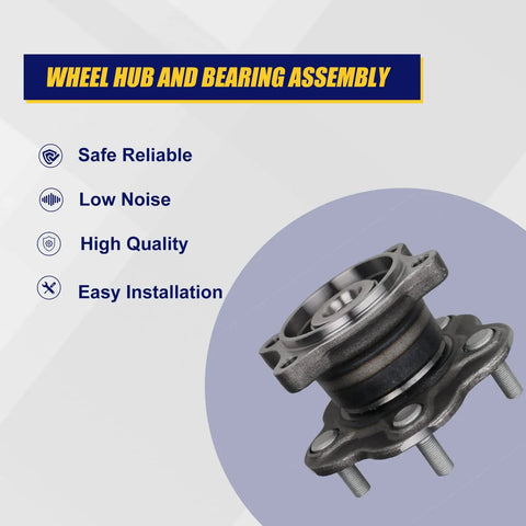 Beefed Up Rear Wheel Bearing And Hub Assembly 2 Pack For Nissan Altima 2002 2006 Quest 2004 2009 Maxima 2004 2008 5 Lug With ABS System Replacement Direct Fit, showing close-up view with specifications of safe reliable, low noise, high quality.