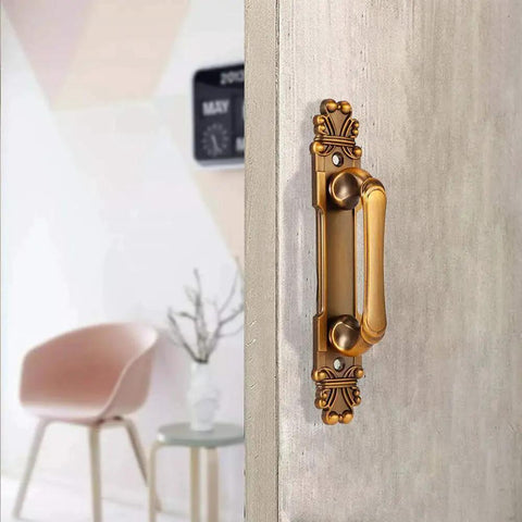 European Style Antique Metal Door Handle Set Of Two For Drawer Cupboard Wardrobe on wooden door with luxurious golden finish