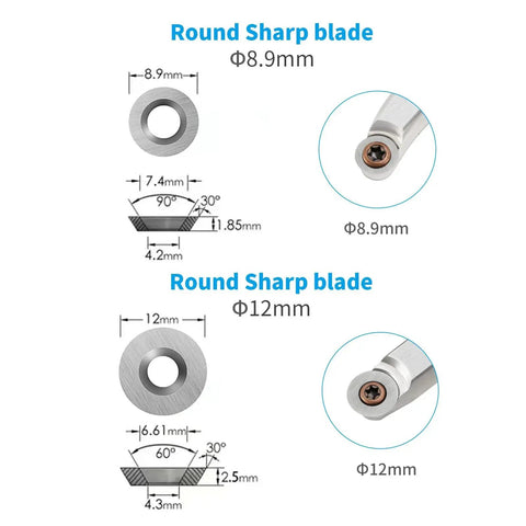 18 Pieces Tungsten Carbide Cutter Inserts Set For Wood Lathe Turning Tools Including 11x11mm Square With Radius, 12mm Round, 8.9mm Round, 30x10mm Diamond With Point, And 6 Screws For Quick Tool Changes And Versatile Turning By DEEFIINE. Diagram showing 8.9mm and 12mm round tungsten carbide cutter inserts.