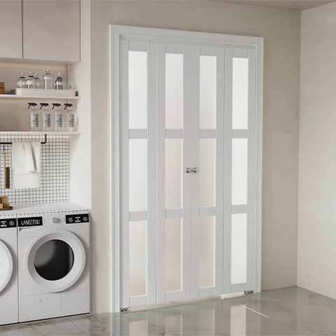 Preassembled 60x80 White Bifold Closet Doors For Pantry With Concealed Hardware Kit Waterproof PVC Surface installed in laundry room