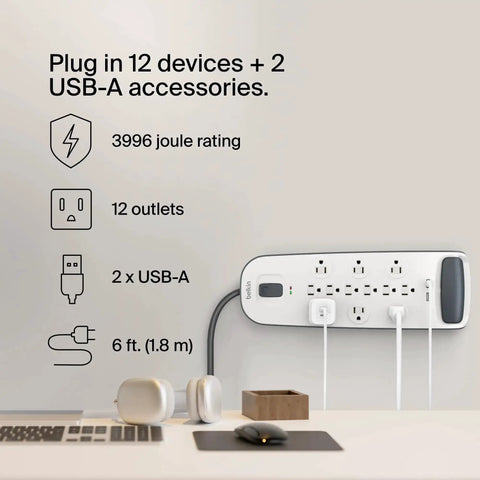 12 Outlet Surge Protector Power Strip With USB Ports, 6 Ft Flat Plug Extension Cord, 3996 Joules Protection in use on desk