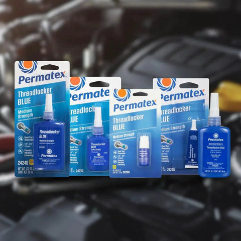 Medium Strength Blue Thread Locker For Automotive Bolts And Nuts That Keeps Bolts From Coming Loose Under Vibration Seals And Protects Threads From Corrosion 6 Ml Tube Removable With Hand Tools For One Quarter Inch To Three Quarter Inch Fasteners Permatex packaging in automotive setting