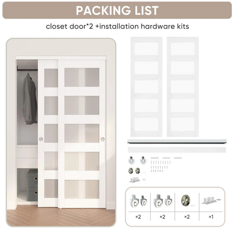 White Sliding Closet Door 48 By 80 Inches With Frosted Glass Double 25 Inch Panels 5 Lite Bypass Door With Hardware Kit
