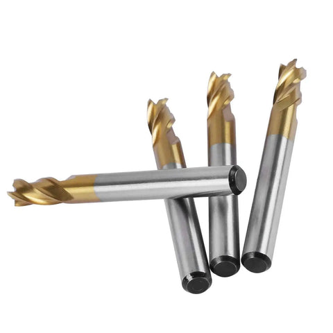4 Pack 4 Flute Titanium Coated Carbide End Mill Bits One Quarter Inch Shank Six Millimeter CNC Straight Shank Cutter Set For Wood And Aluminum