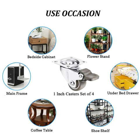 1 Inch Plate Caster Wheels Low Profile Swivel Casters Set Of 4 Heavy Duty 99 Lb Capacity with brakes shown for furniture use