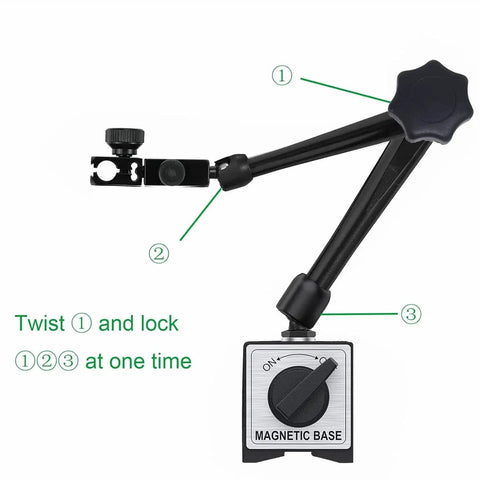 Magnetic Base Stand For Dial Indicator With 176 Lbs Max Pull And Fine Tuning Adjustment, Heavy Duty Dual Arm Design in black.