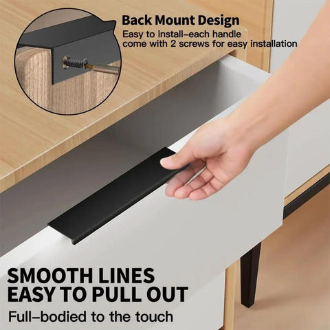 Edge Black Hidden Drawer Door Cabinet Handle Aluminum Alloy Finger Pull Concealed Back Mount in use on kitchen drawer.