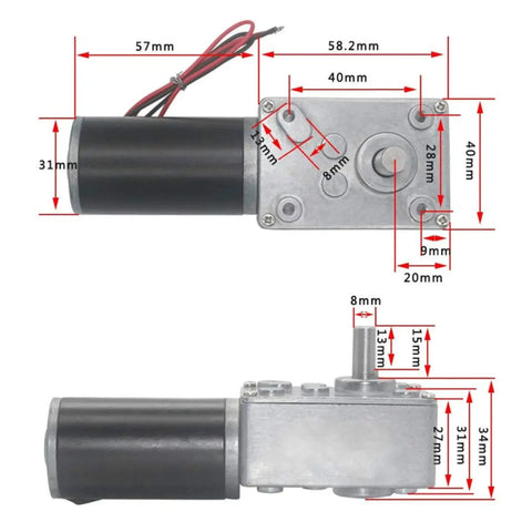 Reversible Worm Gear Motor With Self Locking Design Pro Grade High Torque Geared Motor And Speed Reducer Electric Gearbox for automation, side and top views with measurements, all metal body, 8mm D shaft.
