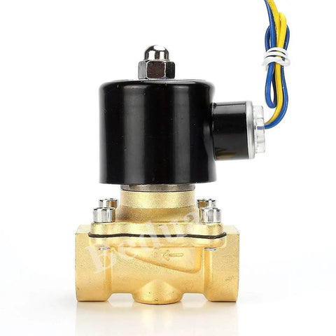 Front view of Brass Electric Solenoid Valve Half Inch Female NPT 12V DC Normally Closed Built Tough For Water Air Gas Fuel Oil With Copper Coil