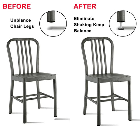 Before and after chair stability with 1/4-20 UNC Thread Adjustable Furniture Levelers, showing improved balance and reduced shaking.