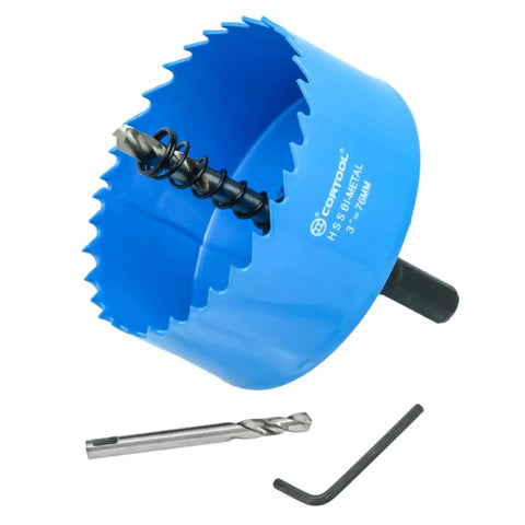 3 Inch Hole Saw With Arbor For Metal And Wood Cutting Bi Metal Hole Cutter Kit For Drywall PVC Fiberglass And Vent Pipes Built For Fast Smooth Drilling And Pro Grade Durability M42 Steel, shown with accessory tools.