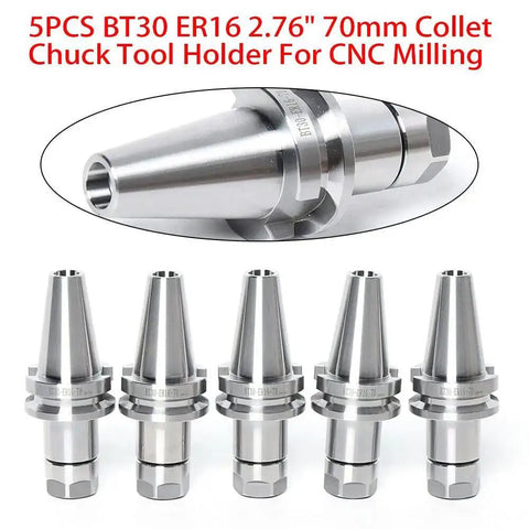 Five Piece BT30 ER16 Collet Chuck Tool Holder Set for CNC Mills and Drills, 2.76 Inch 70mm Shank, ER16 Precision Chucks