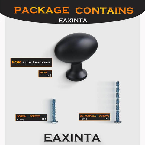 Package contents of Oval Matte Black Cabinet Knobs 10 Pack For Kitchen And Furniture By EAXINTA including knob and screws