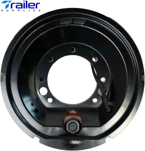 Front view of self-adjusting electric trailer brake assembly, black metal finish for 12,000–15,000 lb axles