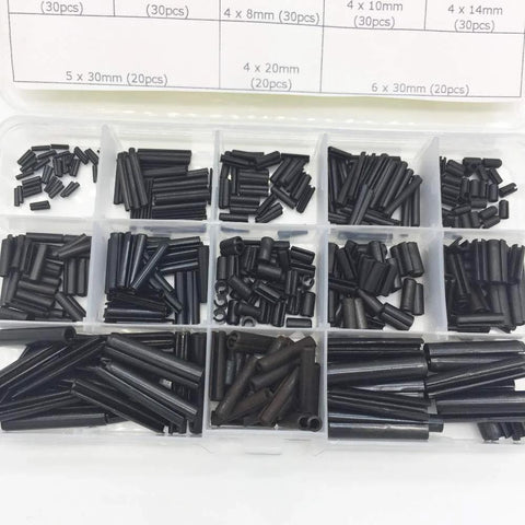 360 Piece Steel Split Spring Dowel And Roll Pin Assortment Kit For Metalworking M1.5 Through M6 Sizes With Dowel Pins And Tension Roll Pins Great For Automotive Machinery And DIY Projects Which Keeps Your Tools And Small Parts Organized in compartmentalized box.