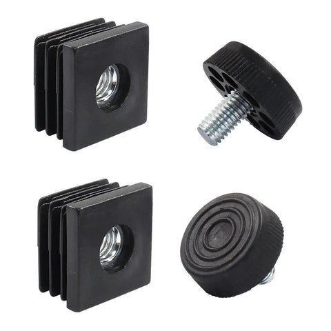 12 Pack Black Square Tube Insert Kits With Adjustable Feet For 1x1 Inch OD Square Pipe, showing inserts and leveling pad