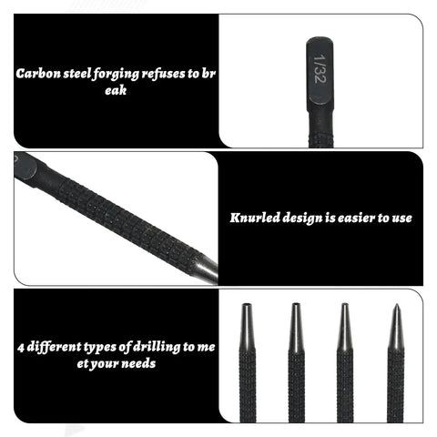 4 Piece Center Punch Set For Metal Marking And Hole Starting Points, Hardened Steel Tips In 1/32 to 4/32 Inch, Durable Black Finish