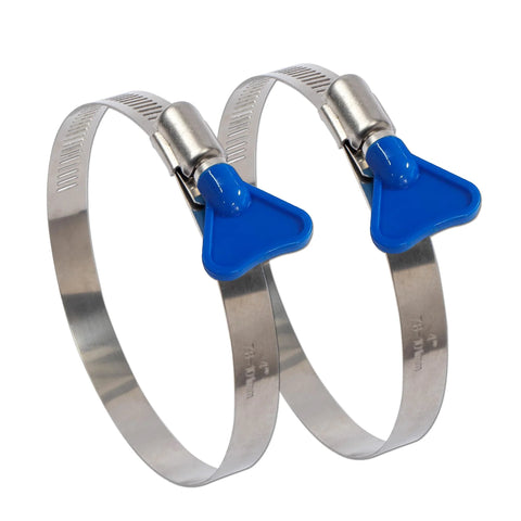 Hose clamps, 2-pack, 4-inch, 304 stainless steel worm-gear with blue plastic key-type handles, 91–114mm