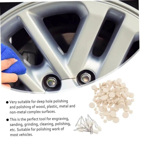 120Pcs Wool Felt Polishing Wheel Set With Mounted Shank For Rotary Tools next to car wheel and hand polishing with cloth.