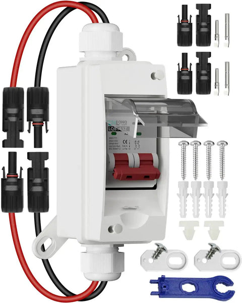 32 Amp 500V DC Solar Disconnect Switch With Plug and Play Connector in IP65 Waterproof Box for Outdoor PV Systems showing cables and components