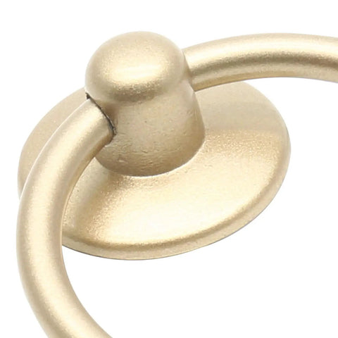 Close-up of gold finish vintage drop ring pull from 12 Piece Vintage Drop Ring Cabinet Pulls Set In Gold Finish 44mm Outer Diameter Metal Ring Knobs For Doors Cupboards Cabinets And Dressers Includes Mounting Screws For Easy Installation.