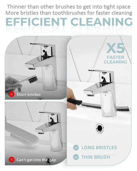 Comparison of hard bristle crevice cleaning brush used on sink gaps, highlighting long bristles for grout and tight gaps cleaning under a faucet