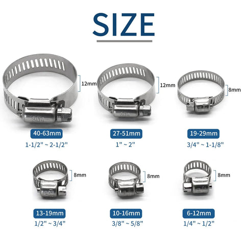 Amazon 25-pack stainless steel worm-gear hose clamps set for pipes and tubing, sizes 6–63 mm