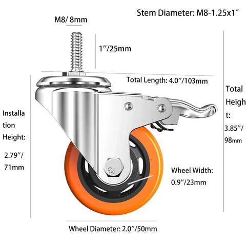 Diagram of Heavy Duty Stem Casters With PVC Wheels 2 Inch Brake Dual Locking M8 Stem 1 Inch For Home Office Industry.