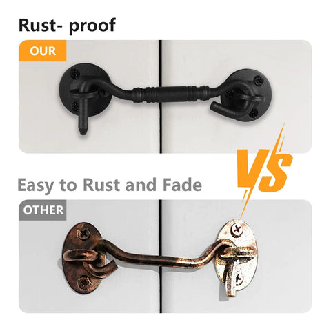Comparison of Rust-Proof Barn Door Hook And Eye Latch 4 Inch Privacy Lock Hardware in black iron vs rusty alternative