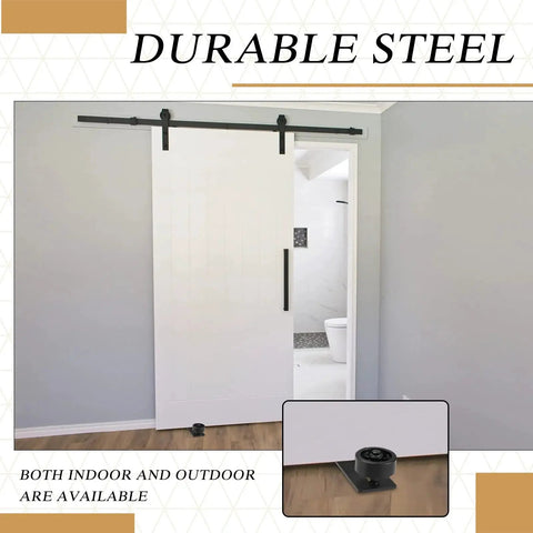 4 Pieces Sliding Closet Barn Door Floor Guide Kit with flush wall mount and bottom adjustable roller installed on door.