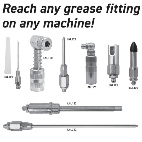 LockNLube 8-Piece Quick Connect Greasing Accessory Kit with metal fittings and assorted precision tips.