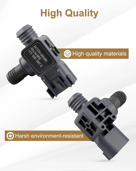 Power brake booster pressure sensor, gray plastic, front and rear views with hose fittings