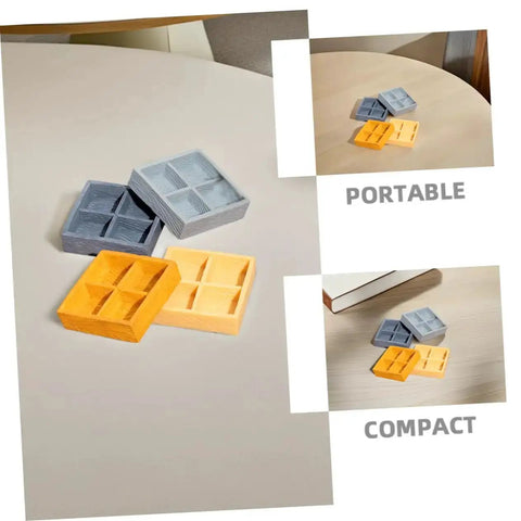 Four Grid Dollhouse Storage Box Resin Organizer for candy, nuts, and sweet tiny treats in assorted colors displayed on a table.