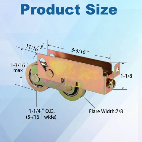 2 Pack Sliding Patio Door Tandem Roller Assembly With F Tab Mount showing dimensions and yellow zinc plating