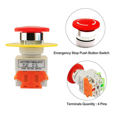 Two 22mm emergency stop push button switches with red mushroom caps, yellow mounting rings, and orange terminal blocks.