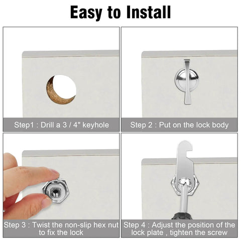 Installation steps for secure cabinets and RV compartments with keyless thumb cam locks, simple one and one eighth inch offset design.
